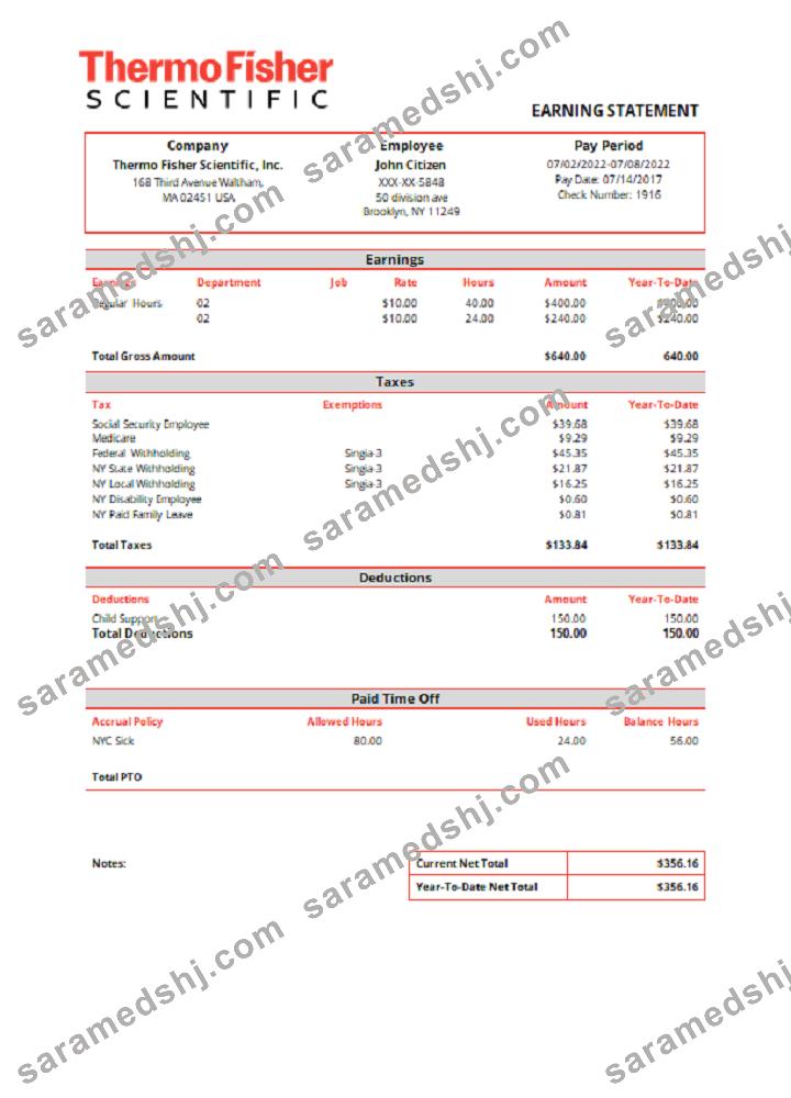 USA Thermo Fisher Scientific laboratory instruments company pay stub